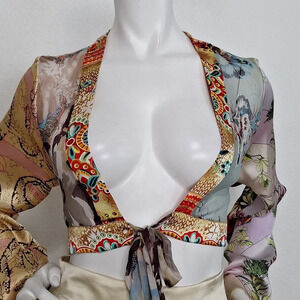 Cielo Fairy Floral Paisley Bohemian Silk Blend Bell Sleeve Front Tie Crop Top *L